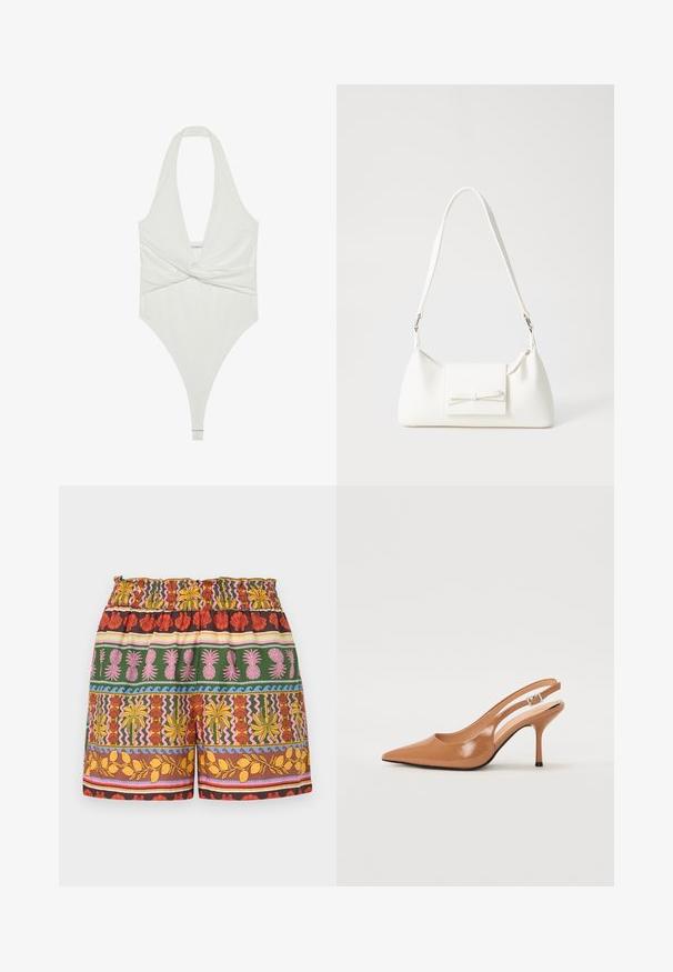 Body bianco con scollo a halter e scollatura a V profonda, con design a torsione frontale. Realizzato in un tessuto liscio ed elastico, presenta una finitura a brasiliana.; Pantaloni corti multicolori caratterizzati da una combinazione di colori vivaci, tra cui rosso, giallo, verde e rosa, con una cintura elastica e motivi tropicali vari.; Tacco slingback a punta affusolata in un materiale tan liscio e lucido. Presenta un design con ritaglio curvo e un sottile tacco a stiletto. Dettaglio con fibbia argentata.; Borsa sintetica bianca a forma triangolare, con patta anteriore piatta e dettaglio a fiocco, tracolla regolabile, texture liscia e design minimalista.