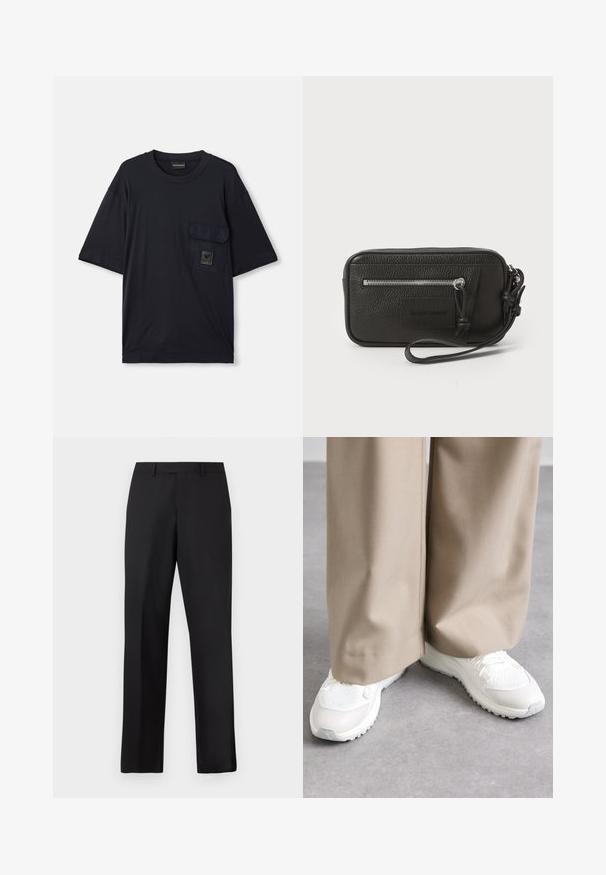 Black short-sleeve crew neck T-shirt with a flap pocket on the left chest featuring a small rectangular logo patch.; Black, straight-leg trousers made of smooth fabric. Features a standard waistband and no visible patterns or accents.; White sneakers with mesh and smooth sections, featuring a textured sole, worn with beige wide-leg pants. Visible laces and accents.; Black leather clutch with textured surface, front zip pocket, and detachable wrist strap. Features a logo patch on the front. Rectangular shape.