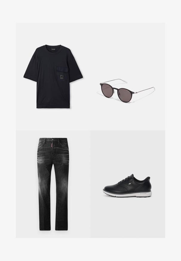 Sort kortærmet T-shirt med rund hals, der har en klaplomme på venstre bryst, og som prydes af et lille rektangulært logo-patch.; Sorte denim jeans med lige pasform. Har falmede områder, mindre slid, klassisk fem-lommer design og knaplukning.; Sort læder snørebånd Skechers sneakers med hvid sål, side-logo og tekstureret greb på sålen mod en ensfarvet lyse baggrund.; Sorte runde solbriller med mørke linser og slanke metalarme. Inkluderer klare tempeltips og sølvdetaljer ved hængslet. Minimalistisk design.