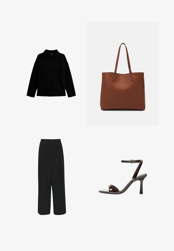 Black long-sleeve polo shirt with a collar, five-button placket, and relaxed fit. Made of soft material with a smooth texture.; Black wide-leg trousers with a waistband, featuring two front pleats and a smooth, non-textured fabric. No visible pockets or embellishments.; Brown patent leather high-heeled sandal with an ankle strap, open toe, and a sleek, minimalist design. Features a square heel.; Brown leather tote bag with a smooth texture, open top design, and two shoulder straps. Features minimal stitching and no visible hardware.