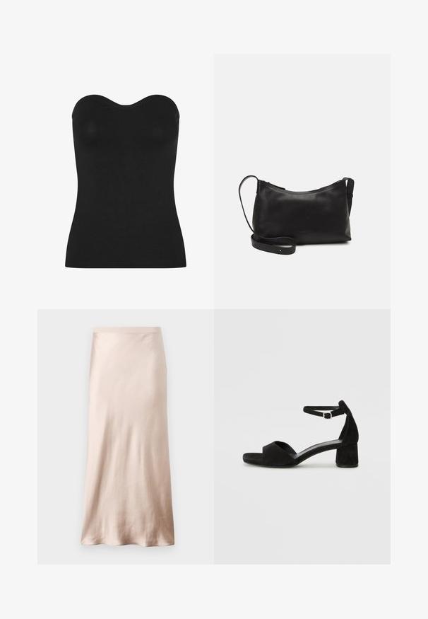 Top negro sin tirantes, hecho de una tela suave, que presenta un diseño ajustado con un escote en forma de corazón y una textura uniforme. Sin patrones o acentos visibles.; Falda midi de satén en beige claro, con una cintura ajustada, textura suave y dobladillo acampanado, sin adornos ni bolsillos visibles.; Sandalias de tacón negro de ante con una delgada correa en el tobillo, diseño de punta abierta y un bloque de tacón modesto. Textura suave y acentos mínimos.; Bolso de hombro de cuero negro con una textura suave, forma curvada, correa ajustable y cierre con cremallera. Diseño minimalista sin adornos.