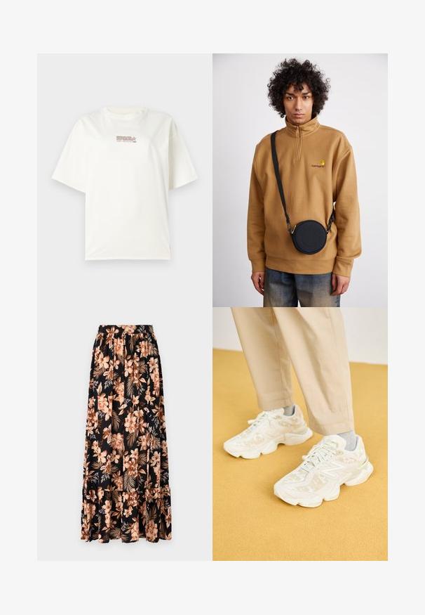 Weißes T-Shirt mit Rundhalsausschnitt und kurzen Ärmeln, mit einem kleinen roten und braunen Logotext in der Mitte vorne. Aus Baumwollmaterial gefertigt.; Schwarzer, floraler Maxi-Rock mit Pfirsich- und Cremefarbenen Blumen sowie grünen Blättern. Mit einem gerafften Taillenbund und einem volanten Saum für zusätzliche Textur.; Weiße Sport Sneakers mit einer strukturierten Oberseite, die subtile Muster aufweist, runder Form und gepolsterter Sohle, kombiniert mit beigefarbenen Hosen.; Braunes Fleece-Sweatshirt mit Viertelreißverschluss und gesticktem Logo, kombiniert mit einer schwarzen runden Umhängetasche mit Reißverschluss und Logodetails, getragen über einer Jeans.