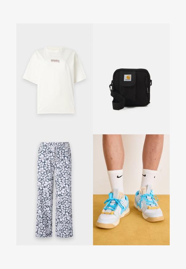 Weißes T-Shirt mit Rundhalsausschnitt und kurzen Ärmeln, mit einem kleinen roten und braunen Logotext in der Mitte vorne. Aus Baumwollmaterial gefertigt.; Weißes Blumenmuster auf marinefarbigem Stoff, leichtes Material, elastischer Bund, weit geschnittenes Design und lässige Passform. Geeignet für entspannte Kleidung.; Helleblaue Sneakers mit hellbraunen Sohlen, die auffällige türkisfarbene Schnürsenkel und gelbe Akzente zeigen. Strukturiertes Material und sichtbare Luftpolster.; Schwarze Umhängetasche mit einem Reißverschluss-Hauptfach, einer Fronttasche, einem verstellbaren Tragegurt und einem sichtbaren Logo-Patch auf dem Deckel.