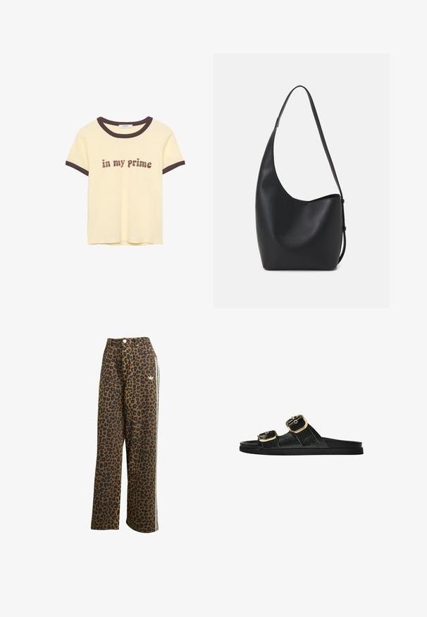 Svetložlté tričko s hnedým rebrovaným golierom a rukávmi, na ktorom je text "in my Prime" v textúrovanom hnedom písmene. Bavlnený materiál.; Hnedé nohavice s leopardím vzorom a čiernymi škvrnami, so širokými nohavicami a vysokým pásom, s bielymi bočnými pruhmi, vyrobené z bavlnenej tkaniny.; Čierne šľapky s dvoma zlatými prackami, hladký textúrovaný materiál, plochá podrážka a minimalistický dizajn.; Čierna kožená hobo taška so hladkou textúrou, zakriveným tvarom a jedným nastaviteľným popruhom; má široké otvorenie na vrchu.