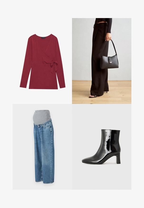Pikad varrukad, mähise stiilis topp sügavas punases kangas. Omab V-kaelust ja küljet sõlm detaili. Pehme tekstuur ja voolav siluett.; Rasedusjeansid veniva halli vöökoha ja sinise teksakanga abil. Laia säärega disain, keskmise kõrgusega, millel on ees taskud ja õrn pleekimine.; Must-sinine nahkjalats musta läikiva viimistlusega, millel on terav nina ja keskmise kõrgusega plokk konts. Sile tekstuur ja minimalistik disain.; Must musta kott, millel on struktureeritud kuju, sile tekstuur ja metallist klamber. Kombineeritud laiate mustade pükstega ja avatud varvaste sandaalidega puidust põrandal.