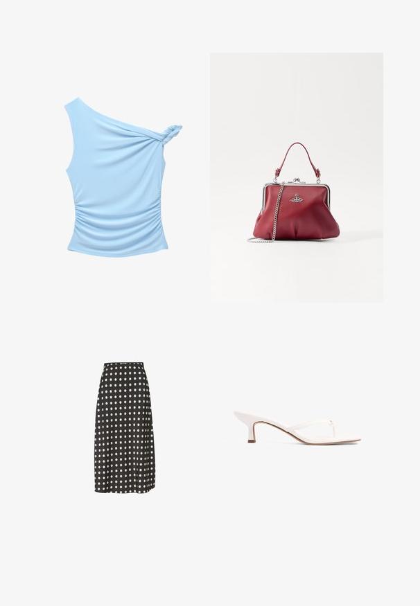Asymmetrische Bluse mit einem Träger in Hellblau, aus glattem Stoff gefertigt, mit verdrehtem Schulterdetail und gerafften Seiten.; Schwarzer Midirock mit weißen Punkten, aus einem glatten Stoff gefertigt. Verfügt über eine taillierte Passform und einen leichten Seitenschlitz für Bewegungsfreiheit.; Weiße Sandale im Tanga-Stil mit niedrigem Absatz, aus glattem Material, mit einfachen Riemen und minimalistischem Design. Braune Sohlenakzente.; Rote Lederhandtasche mit einem Schulterriemen aus Silberkette, abgerundeter Form, plissiertem Design und einem Metallverschluss an der Oberseite. Mit einem Logo-Detail verziert.; Zwei miteinander verschlungene Ringe aus poliertem Silbermetall, mit glatten, geschwungenen Formen und glänzenden Oberflächen sowie reflektierenden Highlights.