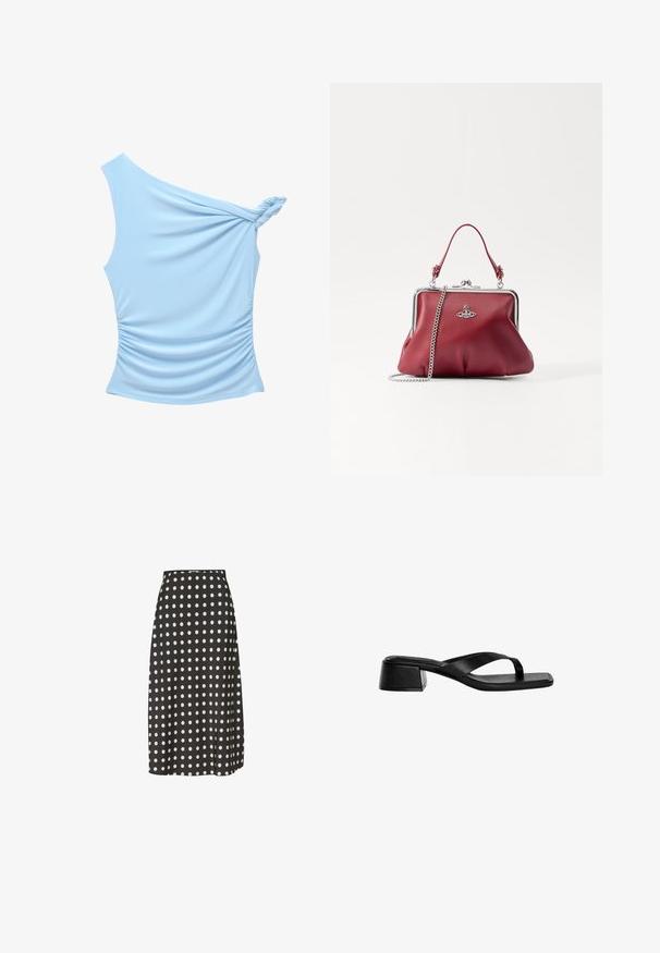 Oasymmetrisk blus med en axel i ljusblått, tillverkad av ett mjukt tyg, med en vriden axeldetalj och insamlingar på sidorna.; Svart midikjol med vita prickar, tillverkad av ett glatt tyg. Har en figursydd midja och en lätt sidoklyfta för ökad rörelsefrihet.; Svarta läderklackar med en tongsandalsdesign, fyrkantig tå och låg klack. Slät textur med minimalistisk stil.; Röd läderhandväska med en silverfärgad kedjespets, rundad form, veckad design och en metallklämma på toppen. Försedd med en logotypdetalj.; Två sammanflätade ringar gjorda av polerat silvermetall, med släta, böjda former och glansiga ytor samt reflekterande höjdpunkter.