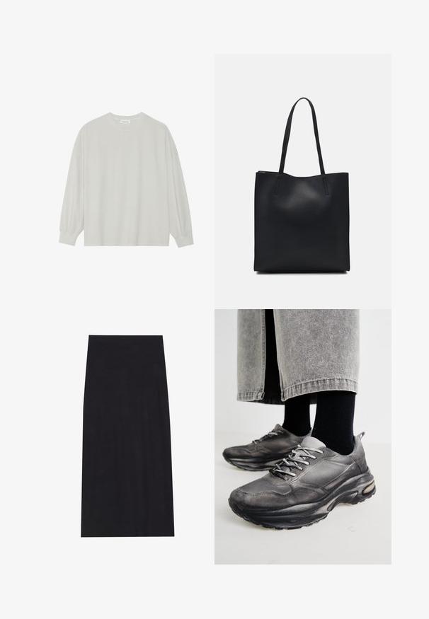 Lichtgrijze langarm t-shirt van zacht katoen. Heeft een losse pasvorm, ronde halslijn en zachtGathered manchetten. Geen patronen of graphics.; Zwarte midi-rok gemaakt van zachte, rekbare stof. Heeft een rechte snit en een elastische tailleband voor een comfortabele pasvorm.; Zwarte en grijze sport schoenen hebben een mesh bovenkant, dikke zolen en veters. Ze hebben een ronde neus en zichtbare dempingsdetails.; Zwarte leren handtas met een gladde textuur, rechthoekige vorm en twee lange handvaten. Geen zichtbare hardware of versieringen.