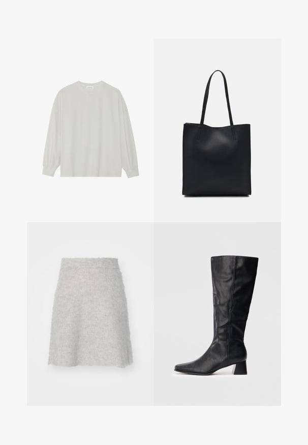 Tricou pe șir cu mâneci lungi, de culoare gri deschis, confecționat din bumbac moale. Are o croială lejeră, decolteu rotund și manșete ușor bufante. Fără modele sau grafica.; Fustă tricotată de culoare gri deschis, realizată dintr-un material moale, având o formă evazată și o finisare ușor texturată, cu un brâu elastic.; Boot din piele neagră, până la jumătatea gambei, cu vârf ascuțit și toc pătrat, pe un fundal luminos simplu.; Geantă tote neagră din piele, cu textură netedă, formă rectangulară și două mânere lungi. Fără hardware vizibil sau ornamente.
