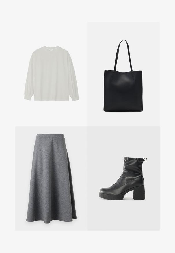 Lys grå langærmet t-shirt lavet af blød bomuld. Har en løs pasform, rund halsudskæring og let indsamlede manchetter. Ingen mønstre eller grafikker.; Grå, knælang nederdel lavet af blødt, strækbart materiale, med en lækker design og en elastisk talje for komfort.; Sorte ankelstøvler lavet af glat læder, med en sidelukning, kraftig struktureret hæl og rundt tådesign.; Sort læder tote taske med glat tekstur, rektangulær form og to lange hanke. Ingen synlig hardware eller udsmykninger.