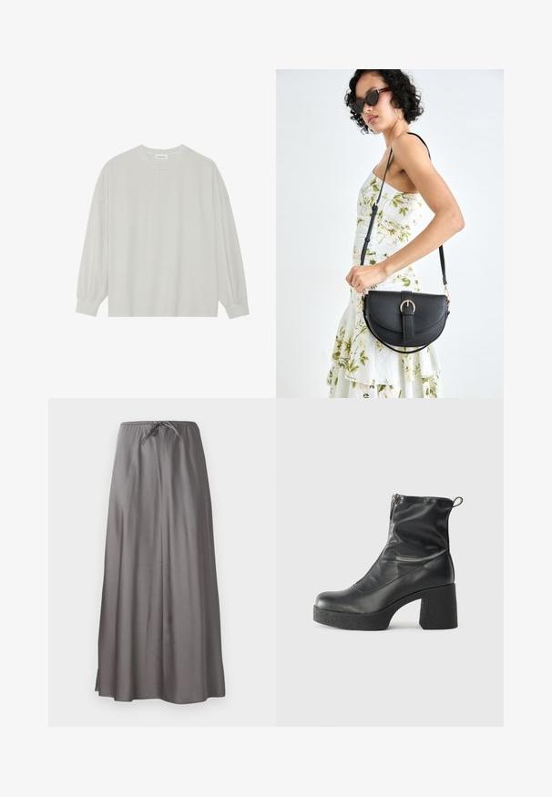 Harmaa pitkähihais t-paita, joka on valmistettu pehmeästä puuvillasta. Ominaisuuksiin kuuluvat rento istuvuus, pyöreä kaula-aukko ja hienosti rypytetyt hihansuut. Ei kuvioita tai grafiikkaa.; Hame maxi harmaa, joka on valmistettu sileästä, kevyestä kankaasta. Varustettu joustavalla vyötärölinjalla, jossa on nauha, sekä sivuraoilla liikkumisen helppouteen.; Mustat nilkkurit, jotka on valmistettu sileästä nahasta. Niissä on sivuvetoketju, paksu teksturoitu korko ja pyöristetty kärki.; Musta nahkainen käsilaukku, joka on kaareva muotoilultaan, irrotettavalla hihnalla ja kultaisilla yksityiskohdilla. Laukussa on läppä, jossa on solk yksityiskohta.