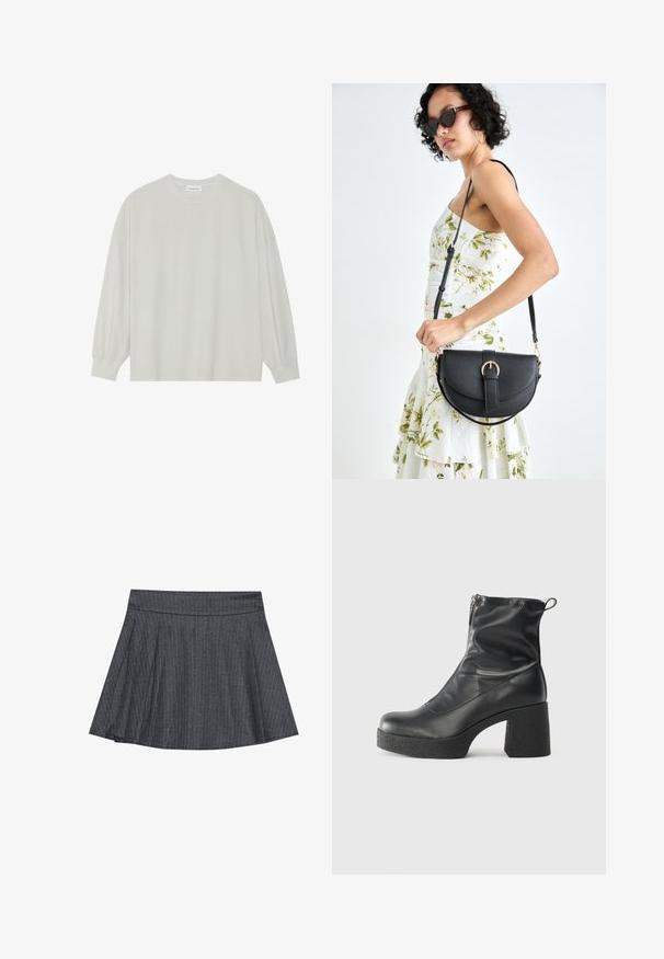 T-shirt à manches longues gris clair en coton doux. Présente une coupe ample, un col rond et des poignets légèrement froncés. Aucun motif ni graphique.; Jupe patineuse grise à rayures générales avec une taille ajustée, en forme évasée A et texture de tissu douce. Les lignes verticales renforcent l'intérêt visuel.; Bottes noires à la cheville en cuir lisse, dotées d'une fermeture éclair sur le côté, d'un talon épais texturé et d'une conception à bout rond.; Sac à main en cuir noir avec une forme courbée, bandoulière amovible et des accessoires en or. Le sac est doté d'un rabat avec un détail de boucle.