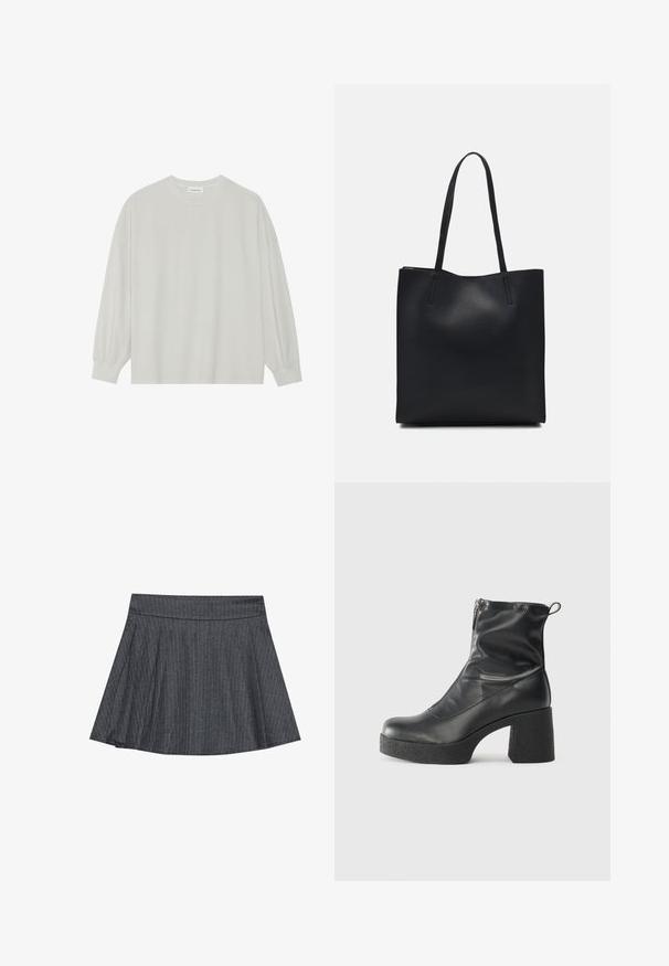 Světle šedé tričko s dlouhým rukávem vyrobené z měkké bavlny. Má volný střih, kulatý výstřih a jemně nařasené manžety. Bez vzorů nebo grafik.; Šedá sukně ve stylu skater s jemným páskem, rozšířeným A-liniovým tvarem a měkkou texturou látky. Vertikální pruhy umocňují vizuální zajímavost.; Černé kotníkové boty vyrobené z hladké kůže, s bočním zipem, robustním strukturovaným podpatkem a kulatou špičkou.; Černá kožená taška přes rameno s hladkým povrchem, obdélníkovým tvarem a dvěma dlouhými uchy. Žádné viditelné kování ani ozdoby.