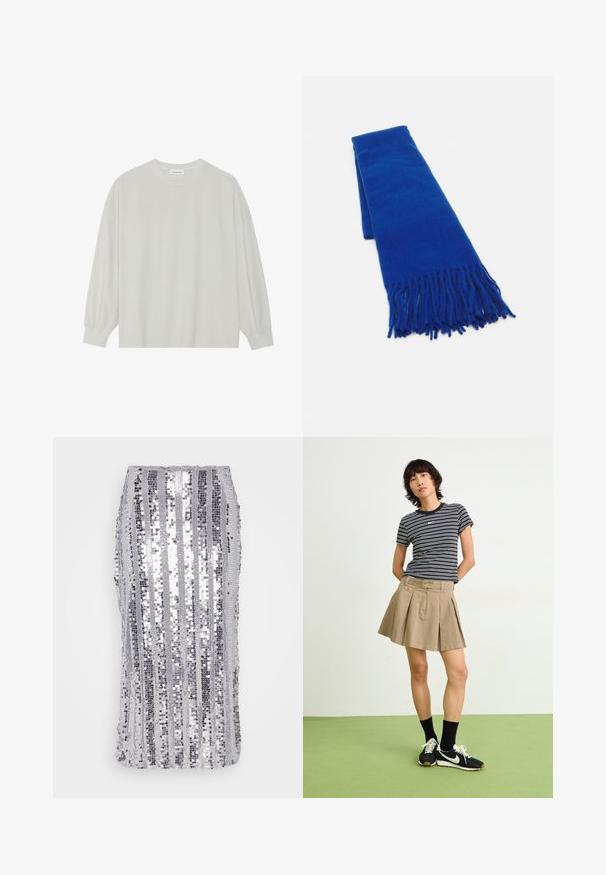 Tricou pe șir cu mâneci lungi, de culoare gri deschis, confecționat din bumbac moale. Are o croială lejeră, decolteu rotund și manșete ușor bufante. Fără modele sau grafica.; Fustă argintie cu paiete, având dungi verticale de dimensiuni variate, textură netedă și formă mulată. Se poate spăla la mașină și are un design tip slip-on.; Tricou rayé alb-negru, fustă plisată bej, adidași negri cu accente albe, purtați cu șosete negre de tip crew.; Fular împletit de culoare albastră, cu capete franjurate, textură netedă, formă rectangulară și culoare uniformă pe întreaga suprafață. Potrivit pentru vreme rece.