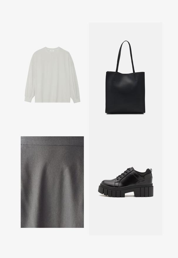 Light gray long-sleeve t-shirt made of soft cotton. Features a loose fit, round neckline, and gently gathered cuffs. No patterns or graphics.; Gray fabric with a smooth, uniform texture. Subtle sheen highlights clean lines and folds, indicating a structured design. No visible patterns or prints.; Black leather platform shoes with a chunky block heel, round toe, and traditional lace-up design. Features smooth texture and minimal detailing.; Black leather tote bag with smooth texture, rectangular shape, and two long handles. No visible hardware or embellishments.