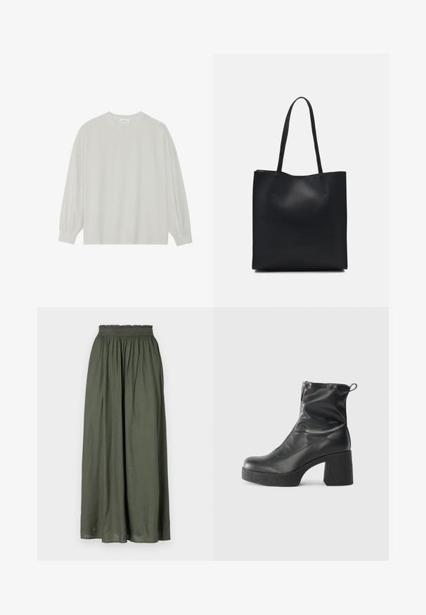 Šviesiai pilkas ilgomis rankovėmis marškinėliai, pagaminti iš minkštos medvilnės. Sukurtas laisvam prigludimui, apvaliu iškirpimu ir švelniai susigūžusiomis rankovėmis. Be raštų ar piešinių.; Tamsiai žalia maksi sijonas, pagamintas iš lengvos medžiagos, su susiraukšlėjusiu elastingu liemeniu ir plazdančiu dizainu su klostėmis.; Juodos kulkšninių botai, pagaminti iš lygaus odos, su šoniniu užtrauktuku, masyviu tekstūruotu kulnu ir apvaliu pirštu.; Juodas odinis tote krepšys su lygia tekstūra, stačiakampio formos ir dviem ilgais rankenomis. Matomų metalinių detalių ar puošybos nėra.