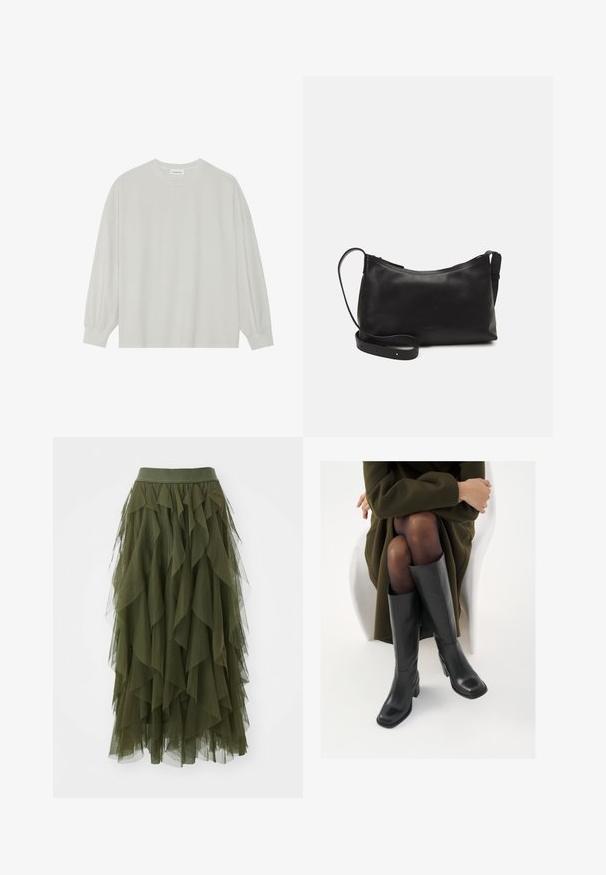 Helles graues Langarm-T-Shirt aus weicher Baumwolle. Mit lockerer Passform, Rundhalsausschnitt und sanft gerafften Bündchen. Keine Muster oder Grafiken.; ONLY ONLSKY SKIRT - A-Linien-Rock - winter moss; Knöchelhöhe schwarze Lederstiefel mit quadrater Spitze und Blockabsatz, gezeigt mit einem Modell, das einen olivgrünen Mantel trägt. Glatte Textur, minimale Details.; Schwarze Ledertasche für die Schulter mit glatter Textur, geschwungener Form, verstellbarem Tragegurt und Reißverschluss. Minimalistisches Design ohne Verzierungen.