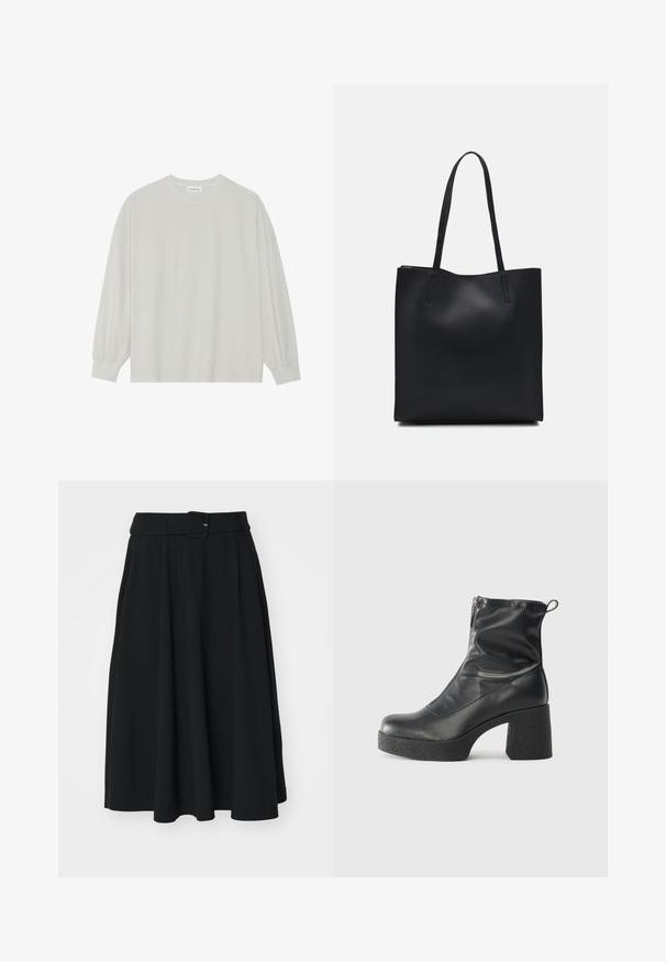 Lys grå langermet t-skjorte laget av myk bomull. Har en løs passform, rund hals og forsiktig samlet mansjetter. Ingen mønstre eller grafikk.; Vero Moda VMTARISA SKIRT - A-line skjørt - black; Svarte ankelstøvler laget av glatt lær, med glidelås på siden, chunky strukturert hæl, og rund tå-design.; Svart lær tote bag med glatt tekstur, rektangulær form og to lange håndtak. Ingen synlige deler eller dekorasjoner.