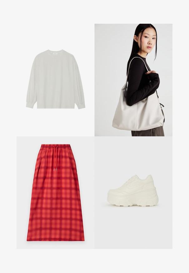 Svetlošedé tričko s dlhým rukávom vyrobené z jemnej bavlny. Má voľný strih, okrúhly výstrih a jemne náramkové manžety. Bez vzorov alebo grafiky.; Červená kockovaná sukňa s elastickým pásom a šnúrkou na stiahnutie. Hladký materiál s rovnou siluetou. Bez ďalších ozdôb.; Biele platformové tenisky s hladkým koženkovým svrchným materiálom, zaobleným tvarom, polstrovaným golierom a textúrovanou gumovou podrážkou s výrazným vzorom.; Béžová kabelka vyrobená z mäkkého materiálu, s uvoľneným dizajnom, prišitými detailmi a dvoma popruhmi na nosenie na pleciach. Vhodná na každodenné nosenie.
