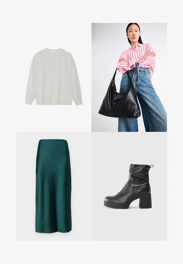 Tricou pe șir cu mâneci lungi, de culoare gri deschis, confecționat din bumbac moale. Are o croială lejeră, decolteu rotund și manșete ușor bufante. Fără modele sau grafica.; Gina Tricot ELASTIC MIDI SKIRT - Fustă maxi - ponderosa pine; Bocanci negri de glezna din piele netedă, cu fermoar lateral, toc texturat și masiv, și design cu vârf rotund.; Geantă de umăr din piele neagră, cu o formă lejeră și detalii de cusătură. Modelul poartă o bluză cu dungi roz și alb și jeans largi albaștri.