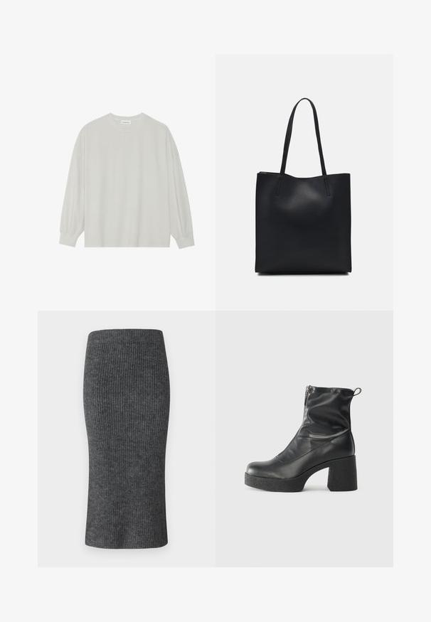 Tricou pe șir cu mâneci lungi, de culoare gri deschis, confecționat din bumbac moale. Are o croială lejeră, decolteu rotund și manșete ușor bufante. Fără modele sau grafica.; Fustă gri cu nervuri, tip creion, cu o formă ajustată, talie înaltă și textură netedă. Concepută pentru a oferi o siluetă aerodinamică.; Bocanci negri de glezna din piele netedă, cu fermoar lateral, toc texturat și masiv, și design cu vârf rotund.; Geantă tote neagră din piele, cu textură netedă, formă rectangulară și două mânere lungi. Fără hardware vizibil sau ornamente.