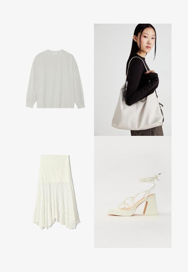 Svetlo siva majica s dugim rukavima izrađena od mekog pamuka. Ima slobodan kroj, okrugli izrez i blago nabrane manžetne. Bez uzoraka ili grafike.; Bela čipkasta krila z teksturno vzorcem, z asimetrično spodnjico in tekočo silhueto, izdelana iz lahkega materiala.; Bela sandala na visokih petah s debelim petam, ki ima obliko trakcev in vezanje okoli gležnja. Gladka tekstura z platformo spredaj za dodatno višino.; Bežna torbica iz mehkega materiala, z ohlapno zasnovo, šivi in dvema naramnicama. Primerna za vsakodnevno uporabo.