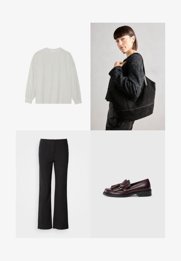 Világosszürke, hosszú ujjú póló, puha pamutból készült. Szabad, laza szabású, kerek nyakkivágással és finoman ráncolt mandzsettával rendelkezik. Nincs rajta minta vagy grafikák.; Fekete pamut keverék nadrág egyenes szárú dizájnnal, elülső gombos záródással és két oldalsó zsebbel. Simára kialakított textúra, nincs látható minta.; Burgundi bőr mokaszin, fröccsöntött díszítéssel, lekerekített orral és alacsony, szilárd fekete sarokkal. Részletes varrás a talpon.; Fekete, velúr anyagú tote táska sima felülettel, strukturált formával és kontrasztos varrással. Hosszú pántjai lehetővé teszik a vállon való hordást.