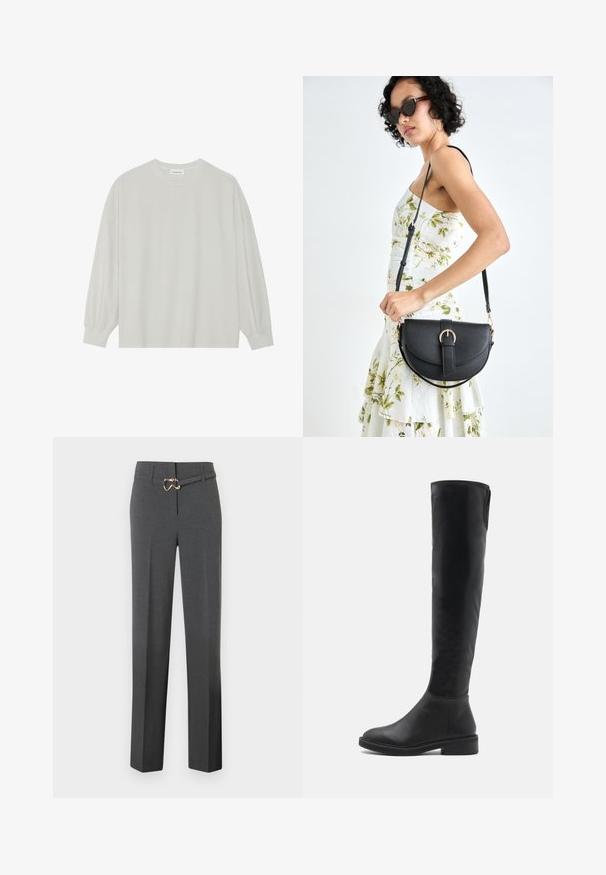 Lys grå langærmet t-shirt lavet af blød bomuld. Har en løs pasform, rund halsudskæring og let indsamlede manchetter. Ingen mønstre eller grafikker.; Mørkegrå skræddersyede kvindebukser med lige ben og et tyndt matchende bælte med en guldfarvet spænde.; Sorte over-knæ støvler lavet af glat kunstlæder med rund tå, lav blokhæl og kontrasterende syninger langs topkanten.; Sort læderhåndtaske med en buet form, aftagelig rem og guldfinish. Tasken har en klap med en spænde detalje.