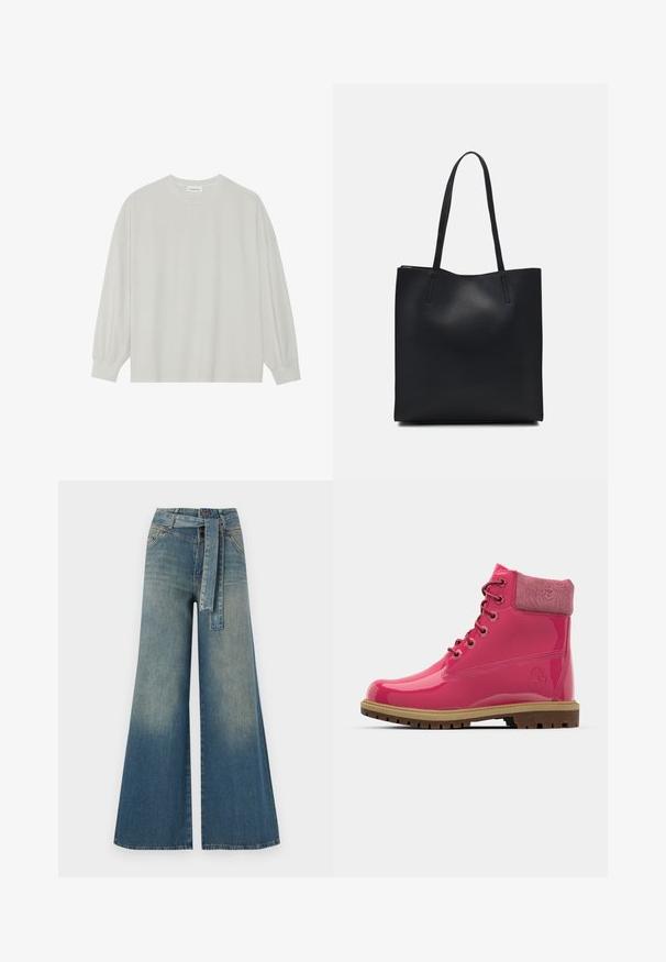 Camisola de manga longa cinza clara, feita de algodão suave. Apresenta um corte solto, decote redondo e punhos ligeiramente franzidos. Sem padrões nem gráficos.; Calças de ganga de perna larga com um gradiente de azul claro a escuro, cintura alta, passantes para cinto e um cinto de tecido a condizer. Acabamento em ganga texturizada.; Botins de tornozelo em pele sintética rosa com colarinho decorativo em tecido, ponta redonda e sola de borracha com padrão de aderência texturizado.; Bolsa tote preta em couro com textura lisa, forma retangular e duas alças longas. Sem hardware ou enfeites visíveis.