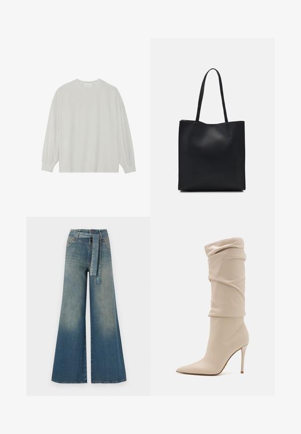 Šviesiai pilkas ilgomis rankovėmis marškinėliai, pagaminti iš minkštos medvilnės. Sukurtas laisvam prigludimui, apvaliu iškirpimu ir švelniai susigūžusiomis rankovėmis. Be raštų ar piešinių.; Platus džinsinis kelnes su šviesiai tamsiai mėlynu gradientu, aukštu juosmeniu, diržo kilpomis ir atitinkančiu audinio diržu. Textūruotas džinsinis paviršius.; Kreminės spalvos aukštakulniai kulkšnies batai, pagaminti iš lygaus odos, su laisvu dizainu, smailiu pirštu ir plonu stiletto kulnu. Aukso akcentas gale.; Juodas odinis tote krepšys su lygia tekstūra, stačiakampio formos ir dviem ilgais rankenomis. Matomų metalinių detalių ar puošybos nėra.