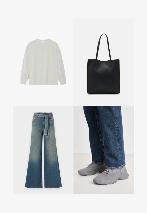 Camisola de manga longa cinza clara, feita de algodão suave. Apresenta um corte solto, decote redondo e punhos ligeiramente franzidos. Sem padrões nem gráficos.; Calças de ganga de perna larga com um gradiente de azul claro a escuro, cintura alta, passantes para cinto e um cinto de tecido a condizer. Acabamento em ganga texturizada.; Steve Madden MATCHE - Sapatilhas - paloma grey; Bolsa tote preta em couro com textura lisa, forma retangular e duas alças longas. Sem hardware ou enfeites visíveis.