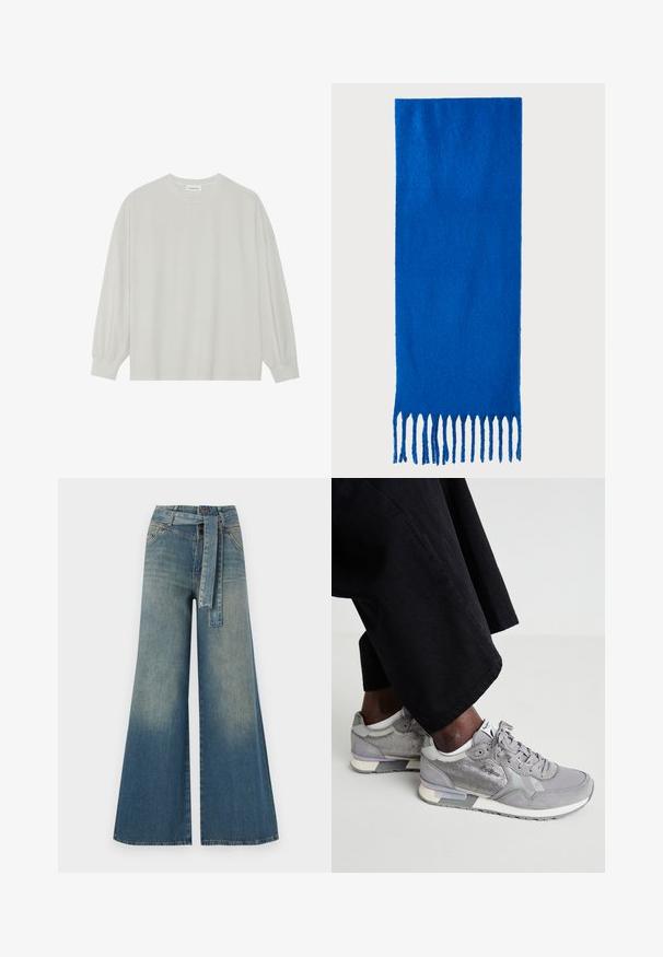 Světle šedé tričko s dlouhým rukávem vyrobené z měkké bavlny. Má volný střih, kulatý výstřih a jemně nařasené manžety. Bez vzorů nebo grafik.; Džínové kalhoty širokého střihu s přechodem od světlé k tmavě modré, vysokým pasem, poutky na opasek a odpovídajícím opaskem ze stejného materiálu. Texturovaná džínovina.; Šedé tenisky s materiály z pletiva a nubuku, s bílou podrážkou, světle šedými akcenty a tkaničkami. Nosené s volnými černými látkovými kalhotami.; Modrý šátek s třásněmi vyrobený z měkké tkaniny; má jednobarevný vzhled s texturovaným povrchem a rovnoměrně střiženými třásněmi na spodní straně.; Černá kožená kabelka s křivkovým tvarem, odnímatelným popruhem a zlatými detaily. Kabelka má klopu s přezkou.