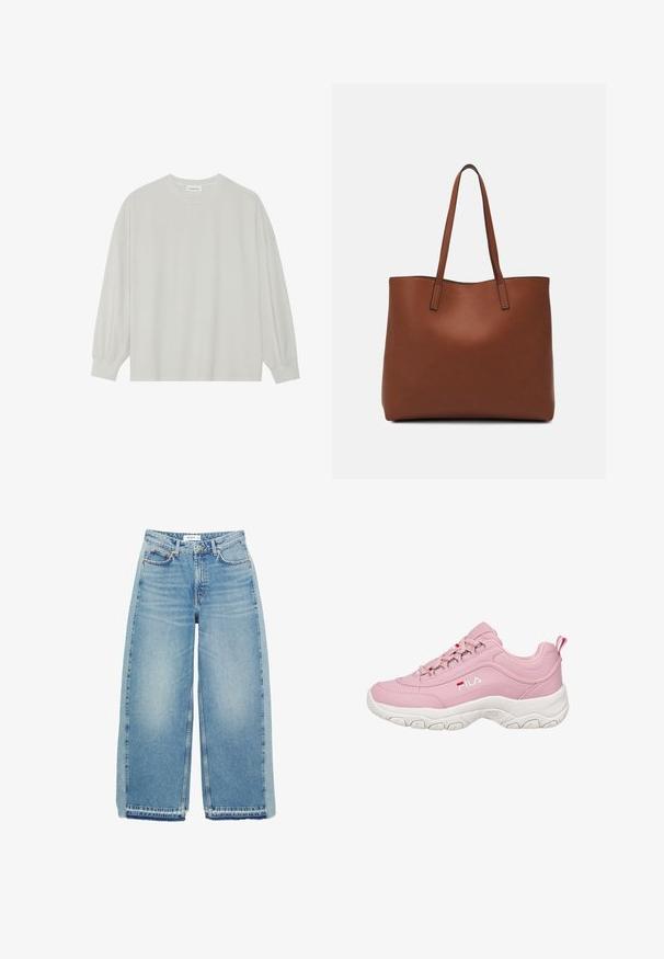 Světle šedé tričko s dlouhým rukávem vyrobené z měkké bavlny. Má volný střih, kulatý výstřih a jemně nařasené manžety. Bez vzorů nebo grafik.; Světle modré džínové kalhoty širokého střihu, vyrobené z denimu, s vysokým pasem, zapínáním na knoflík, předními kapsami a surovým lemem.; Růžová teniska s hladkým syntetickým svrškem, bílou gumovou podrážkou, designem na šněrování a logem FILA na boku. Disponuje poutek na patě.; Hnědá kožená taška přes rameno s hladkou texturou, otevřeným designem a dvěma ramenními popruhy. Obsahuje minimální švy a žádné viditelné kovové prvky.