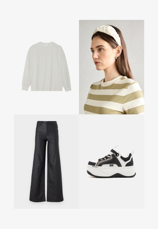 T-shirt à manches longues gris clair en coton doux. Présente une coupe ample, un col rond et des poignets légèrement froncés. Aucun motif ni graphique.; Pantalons larges noirs en simili cuir. Dotés d'une taille haute, de passants de ceinture, de deux poches avant et de détails cousus.; Baskets à plateforme avec un design en noir et blanc, des accents en maille, des détails texturés et un logo proéminent sur le côté.; Un bandeau en créme rembourré avec un design torsadé, associé à une chemise rayée beige et blanche à col rond. Accent de bijoux discrets.