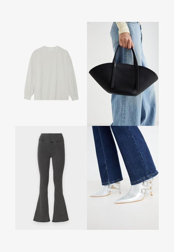 Világosszürke, hosszú ujjú póló, puha pamutból készült. Szabad, laza szabású, kerek nyakkivágással és finoman ráncolt mandzsettával rendelkezik. Nincs rajta minta vagy grafikák.; Fellő fekete farmernadrág széles derékpánttal, sima textúrával és varrott részletezéssel az illesztések mentén.; Ezüst, fémes csizma, hegyes orral és két csatolt pánttal. Sötétkék, enyhén bővülő farmernadrággal viselve.; Fekete bőr kézitáska egyedi legyezőformával, lapos füllel. A felülete kőriszerű textúrájú és minimalista dizájnnal rendelkezik.