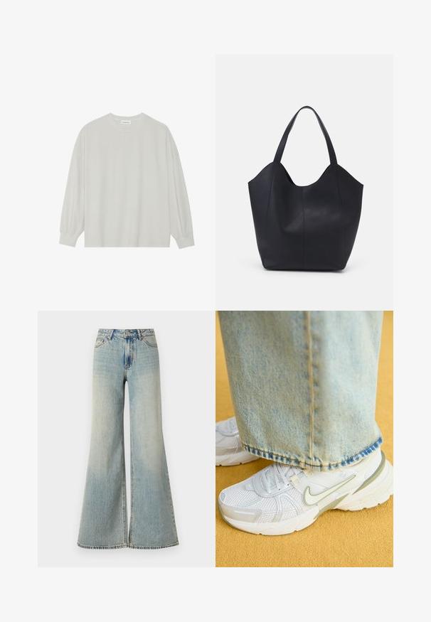 Svetlo siva majica s dugim rukavima izrađena od mekog pamuka. Ima slobodan kroj, okrugli izrez i blago nabrane manžetne. Bez uzoraka ili grafike.; Svijetloplave široke traperice s visokim strukom, s izblijedjelim finišem, prednjim džepovima i suptilnim rasporom na dnu nogavica.; Beli športni copati z mrežasto zgornjico, zelenimi poudarki in strukturalnim podplatom, v kombinaciji z svetlo modrimi jeans hlačami z raztrganimi robovi.; Črna torba v obliki tote iz gladke usnjene površine, ki ima ukrivljen odprt vrh z dvema naramnicama in minimalističnim dizajnom.