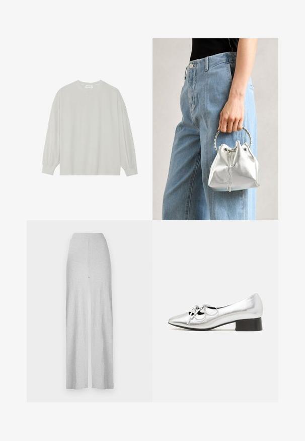 Lys grå langermet t-skjorte laget av myk bomull. Har en løs passform, rund hals og forsiktig samlet mansjetter. Ingen mønstre eller grafikk.; Lys grå ribbede bukser med vide ben, høy midje og en splitt foran. Laget av myk stoff med en glatt tekstur.; Sølv syntetisk skinnsko med spiss tå, dekorativ snøring og lav, kvadratisk svart hæl. Glatt tekstur og skinnende finish.; Sølvfarget metallic bøtteveske med tekstur, dekorert med et rundt sølvhåndtak og snøring, holdt mot lyseblå jeans.