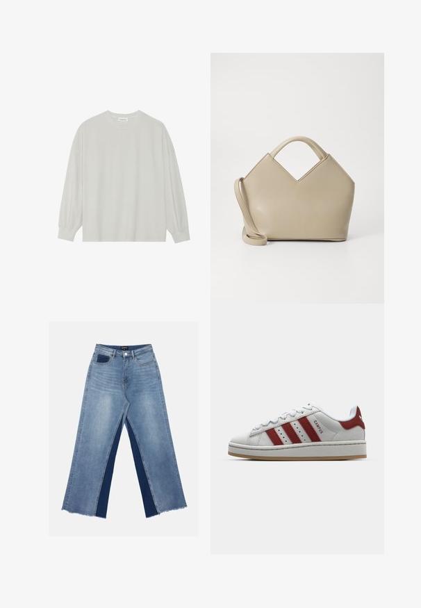 Helles graues Langarm-T-Shirt aus weicher Baumwolle. Mit lockerer Passform, Rundhalsausschnitt und sanft gerafften Bündchen. Keine Muster oder Grafiken.; Hellblaue weite Jeans mit kontrastierenden dunkelblauen Einsätzen, ausgefransten Säumen und einem normalen Bund mit metallener Knopfverschluss.; Weiße Wildledersneaker mit drei roten Streifen, runder Zehenpartie, flacher Sohle und gepolstertem Kragen. Auf der Seite befindet sich der Schriftzug "CAMPUS".; Beige strukturierte Handtasche mit V-förmigem oberen Teil, glattem Leder, kurzen Griffen und einem langen verstellbaren Tragegurt. Minimalistisches Design.