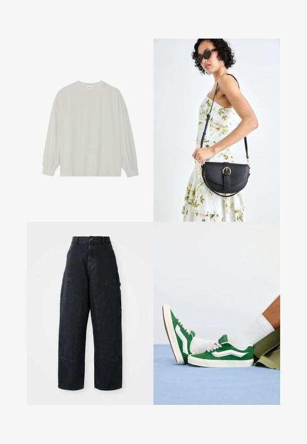 Camiseta de manga larga gris claro hecha de algodón suave. Presenta un corte holgado, cuello redondo y puños ligeramente fruncidos. Sin patrones ni gráficos.; Pantalones cargo de denim negro de pierna ancha con cintura alta, dos grandes bolsillos frontales y cierre de botón en la cintura. Textura suave, diseño casual.; Zapatillas de ante verde con acentos blancos, cordones texturizados que presentan detalles en rosa y una suela de goma beige, combinadas con calcetines blancos y pantalones cortos verdes.; Bolso de piel negra con forma curva, correa desmontable y herrajes dorados. El bolso cuenta con una solapa con un detalle de hebilla.