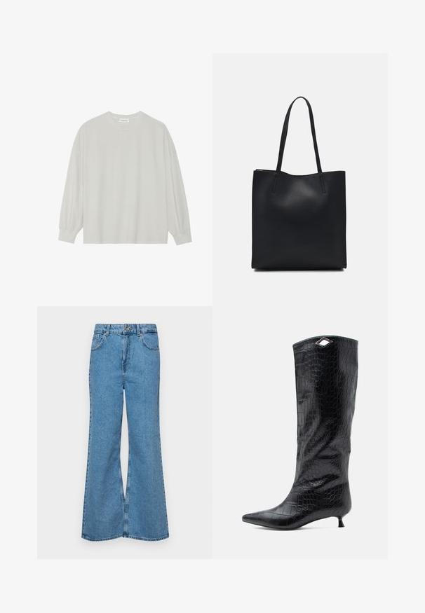 Hele halli pikkade varrukatega T-särk, mis on valmistatud pehmest puuvillast. Omab vaba lõiget, ümmargust kaelust ja õrnalt kogutud varrukaotsi. Muster ja graafika puuduvad.; Heledad sinine flared teksade rõivad, millel on kõrge talje, viis taskut ja üks nupulukk. Pehme tekstuur ja pleekinud viimistlus.; Mustad mustekatete saapad läikivas krokodillikoes nahas, millel on terav nina ja väike kitteni konts, ning ülaosas nurga kujuline hõbedane aksessuaar.; Mustast nahast kott sujuva tekstuuriga, ristkülikukujuline ja kahe pika sangaga. Pole nähtavat riistvara ega kaunistusi.