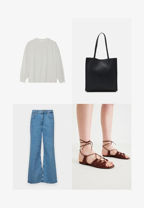 Šviesiai pilkas ilgomis rankovėmis marškinėliai, pagaminti iš minkštos medvilnės. Sukurtas laisvam prigludimui, apvaliu iškirpimu ir švelniai susigūžusiomis rankovėmis. Be raštų ar piešinių.; Šviesiai mėlynos flared džinsai, pagaminti iš džinsinio audinio, su aukštu liemeniu, penkiomis kišenėmis ir vienu mygtuko užsegimu. Minkštas paviršius su išblukusiu efektu.; Rudos odinės šlepetės su kryžminėmis kulkšnies juostelėmis, atvira nosimi, plokščiu padu ir keliomis juostelėmis priekyje palaikymui.; Juodas odinis tote krepšys su lygia tekstūra, stačiakampio formos ir dviem ilgais rankenomis. Matomų metalinių detalių ar puošybos nėra.