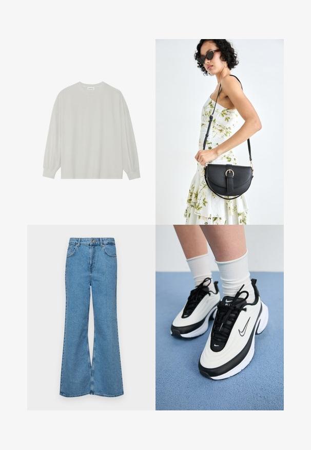 Gaišpelēka garām piedurknēm t-krekls, kas izgatavots no mīkstas kokvilnas. Iezīmē vaļīgu piegriezumu, apaļu kakla izgriezumu un viegli saplacinātas piedurknes. Nav rakstu vai grafikas.; Gaiši zili, platā piegriezuma džinsi, kas izgatavoti no denima, ar augstu jostasvietu, piecām kabatām un vienu pogu. Mīksta tekstūra ar nolietotu apdari.; Nike sporta apavi ar baltu augšdaļu, melniem akcentiem, strukturētām virsmām un izsmalcinātu dizainu. Melni auklas un redzamā zīmola identifikācija noslēdz izskatu.; Melnas ādas rokassoma ar izliekta formu, noņemamu siksnu un zelta aksesuāriem. Somai ir vāciņš ar sprādzes detaļu.