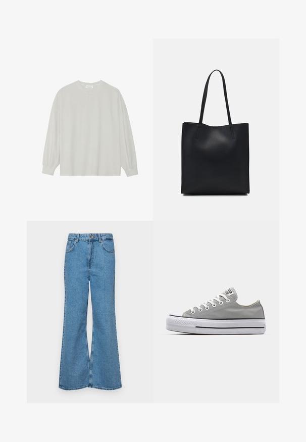 Hele halli pikkade varrukatega T-särk, mis on valmistatud pehmest puuvillast. Omab vaba lõiget, ümmargust kaelust ja õrnalt kogutud varrukaotsi. Muster ja graafika puuduvad.; Heledad sinine flared teksade rõivad, millel on kõrge talje, viis taskut ja üks nupulukk. Pehme tekstuur ja pleekinud viimistlus.; Hallide hallid tossud valgete paeltega, kummist varbaga ja paksu valge kummitaldaga, mille külgedel on kaks musta riba.; Mustast nahast kott sujuva tekstuuriga, ristkülikukujuline ja kahe pika sangaga. Pole nähtavat riistvara ega kaunistusi.