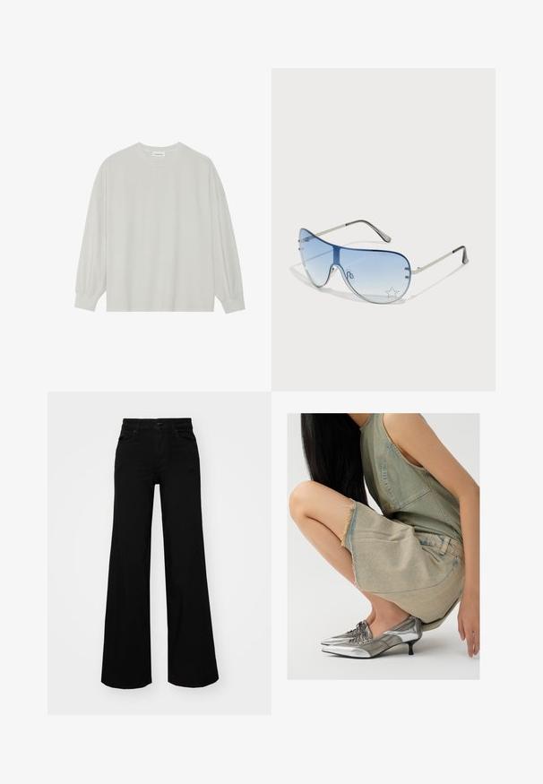 Šviesiai pilkas ilgomis rankovėmis marškinėliai, pagaminti iš minkštos medvilnės. Sukurtas laisvam prigludimui, apvaliu iškirpimu ir švelniai susigūžusiomis rankovėmis. Be raštų ar piešinių.; Juodos plačios kelnės iš denimo, turinčios struktūruotą juosmenį, diržo kilpas ir priekines kišenes. Lygus paviršius su klasikinio dizaino elementais.; Vagabond LYKKE - Suvarstomi aukštakulniai - silver/greige; Aviatoriai akiniai su gradientiniais mėlynais objektyvais, sidabriniu metaliniu rėmu ir dekoratyvinėmis žvaigždžių akcentais ant objektyvų. Lygaus ir stilingo dizaino.