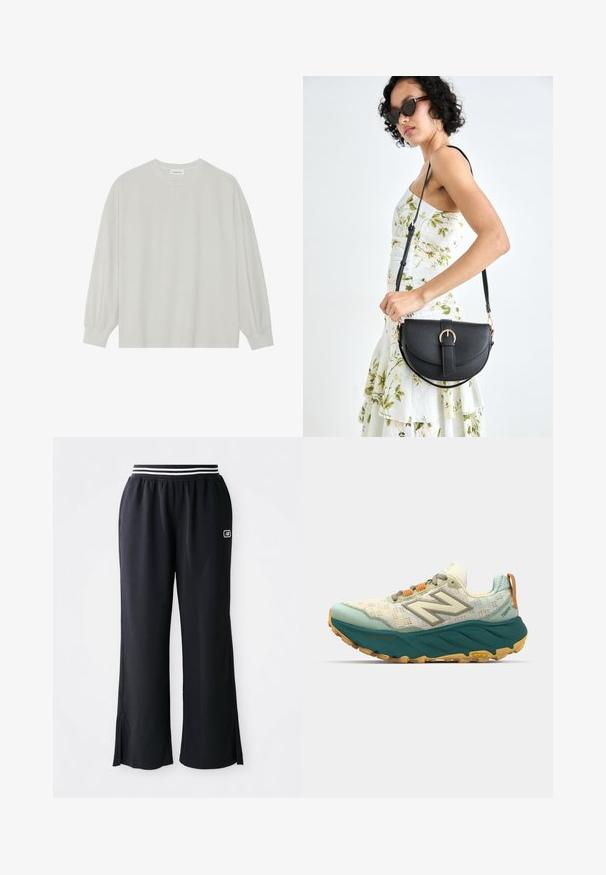 T-shirt à manches longues gris clair en coton doux. Présente une coupe ample, un col rond et des poignets légèrement froncés. Aucun motif ni graphique.; Pantalons de sport noirs avec une coupe évasée, ceinture élastique avec des rayures noires et blanches, et fentes sur le bas.; Chaussure de course pour homme avec une tige en maille légère de couleur crème et turquoise, une semelle turquoise rembourrée et des lacets orange avec des détails réfléchissants.; Sac à main en cuir noir avec une forme courbée, bandoulière amovible et des accessoires en or. Le sac est doté d'un rabat avec un détail de boucle.