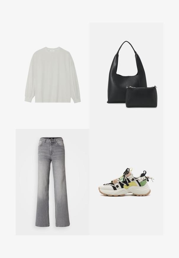 Light gray long-sleeve t-shirt made of soft cotton. Features a loose fit, round neckline, and gently gathered cuffs. No patterns or graphics.; High-waisted straight-leg gray denim jeans with front button and zipper, front and back pockets, and faded shading on thighs and calves.; Steve Madden TAZMANIA - Trainers - spring green; Even&Odd Handbag - black