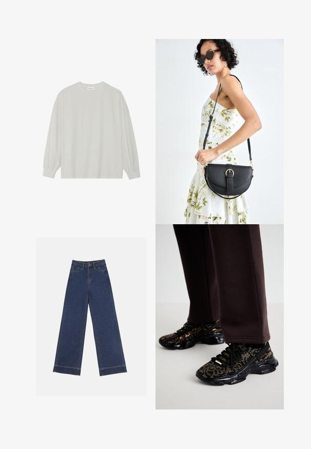 Jasnoszara, długorękawowa koszulka z miękkiej bawełny. Posiada luźny krój, okrągły dekolt oraz delikatnie marszczone mankiety. Brak wzorów i grafik.; Jeans o szerokich nogawkach w ciemnoniebieskim dżinsie. Posiada pięć kieszeni, szlufki na pasek oraz surowy dół z widocznymi detalami szwów.; Czarne sneakersy z złotymi drobinkami, teksturowana powierzchnia i masywna czarna podeszwa. Połączone z brązowymi spodniami dresowymi, które mają dopasowany krój.; Czarna skórzana torebka o zakrzywionym kształcie, z odpinanym paskiem i złotymi akcentami. Torebka posiada klapę z zapięciem w kształcie klamry.
