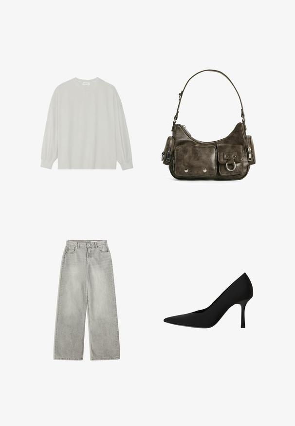 Svetlošedé tričko s dlhým rukávom vyrobené z jemnej bavlny. Má voľný strih, okrúhly výstrih a jemne náramkové manžety. Bez vzorov alebo grafiky.; Světle šedé široké džíny s vysokým pasem, pěti kapsami, zipem a jemným vyblednutím. Vyrobené z džínoviny s hladkou texturou.; Čierne lodičky s vysokým opätkom vyrobené z hladkého materiálu s špicatou špičkou, elegantným dizajnom a stiletto opätkom. Žiadne viditeľné vzory alebo hardvér.; Tmavozelená kožená kabelka s zakriveným tvarom, zipsovými vreckami a predným klopňovým vreckom. Obsahuje strieborné kovanie a textúrovaný povrch.