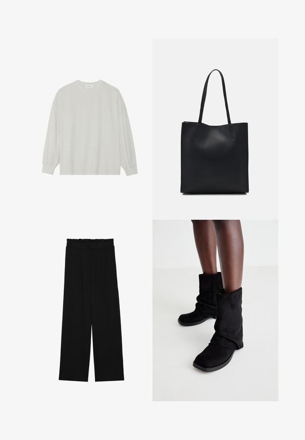 Svijetlosivi majica s dugim rukavima od mekane pamučne tkanine. Ima slobodan kroj, okrugli izrez i blago nabrane manžete. Bez uzoraka ili grafika.; Crne široke hlače s naboranim pojasom, koje imaju dva bočna džepa i glatku, laganu tkaninu. Nema vidljivih uzoraka ili metalnih dijelova.; Crne antilop čizme do gležnja sa mekim dizajnom, s ravnim đonom i kvadratnim vrhom, prikazane na tamnim nogama na svijetloj pozadini.; Crna kožna torba za nošenje s glatkom teksturom, pravokutnim oblikom i dvije duge ručke. Nema vidljivih metalnih dijelova ili ukrasa.