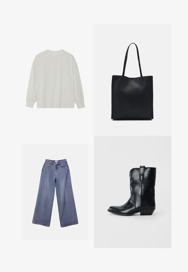 Svetlo siva majica s dugim rukavima izrađena od mekog pamuka. Ima slobodan kroj, okrugli izrez i blago nabrane manžetne. Bez uzoraka ili grafike.; Široke denim hlače v svetlo modrem pranju, s poudarjeno pasom, sprednjimi žepi in gumbom za zapiranje z zankami za pas.; Črne usnjene kavbojske čevlje s koničastim nosom, srednje višine do meč, okrasnim šivanjem in majhnim peto. Imajo zanko za enostavno obuvanje.; Črna usnjena torba s svilnato teksturo, pravokotne oblike in dvema dolgima ročajema. Brez vidnih metalnih delov ali okrasnih elementov.